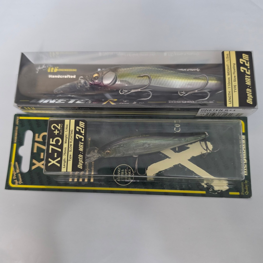Megabass Fishing Oneten R+1 & X-75 Nanahan+2 Lot of 2  Jukucho Shad Crystal Shad